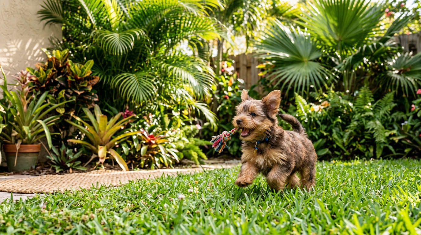 Yorkshire Terrier puppy playing in a sunny South Florida backyard